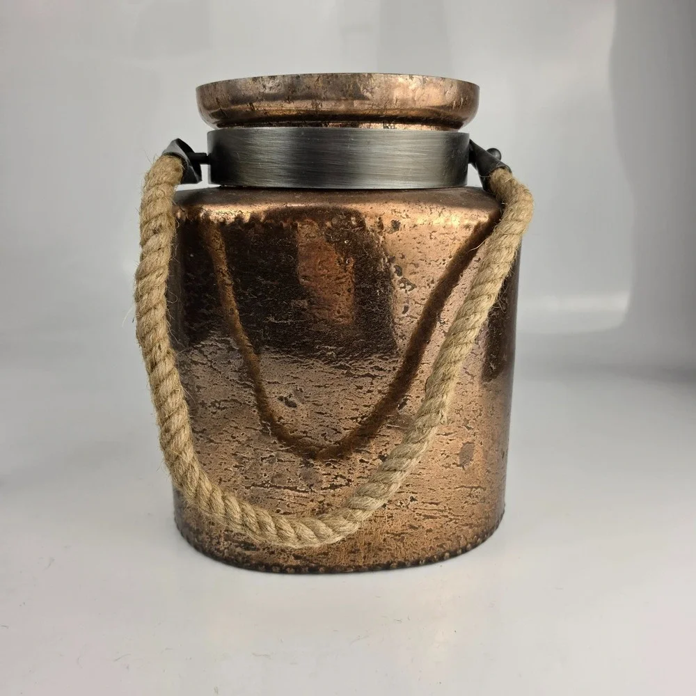 Large Embossed Copper‎ Painted Glass Candle Holder Jar Rope Handle Boho Decor